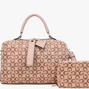 Elegant Monogram Taupe/Brown Vegan Leather Satchel w/Matching Wallet (NEW)